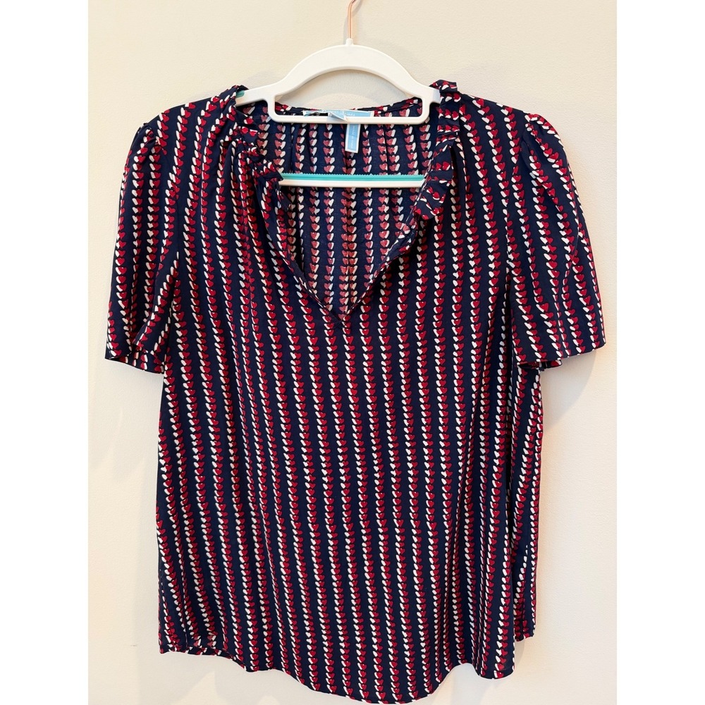 Draper James Size 4 Heart Print Short Sleeve Blouse Top Red Navy